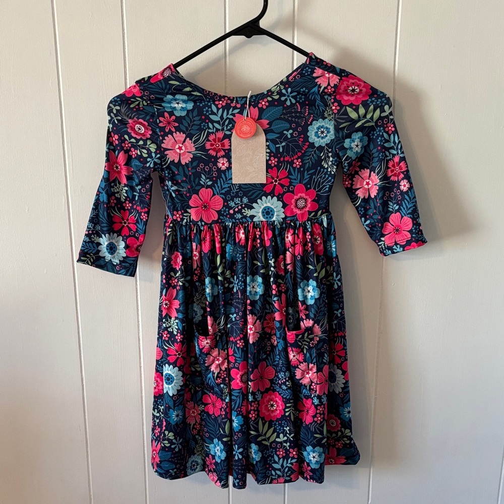 Charming Floral Kids Dress in Navy and Pink